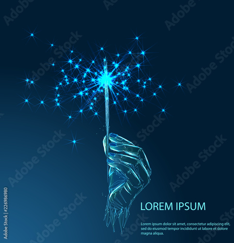 Hand holding a burning sparkler. Hand holding a burning sparkler. Low poly vector illustration of a starry sky or Cosmos.