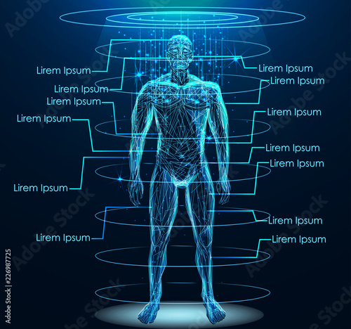 Human body low poly wireframe. Human body low poly wireframe. Low poly wireframe mesh with scattered particles and light effects on dark background.