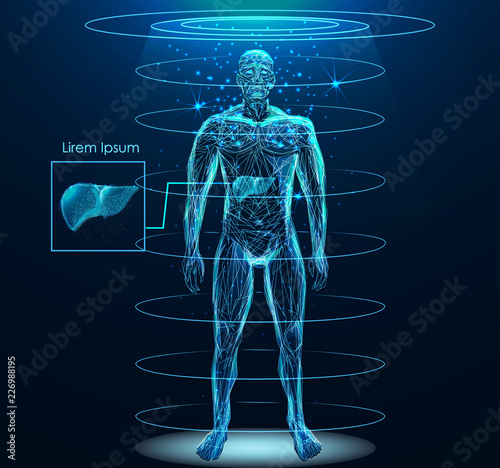 Human body with Human Liver internal organ low poly wireframe. Low poly wireframe mesh with scattered particles and light effects on dark background.