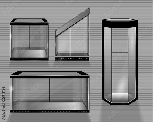  transparent glass terrariums with sliding doors. High and low different shape empty serpentarium, paludarium, florarium, vivarium, aquarium. Desighn elements realistic elements for pet shop poster.