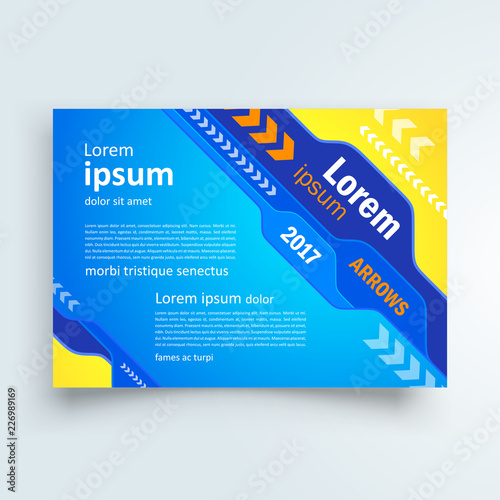 Flyer arrows cover design, horisontal brochure size A4 template, action creative leaflet, trend cover blue color