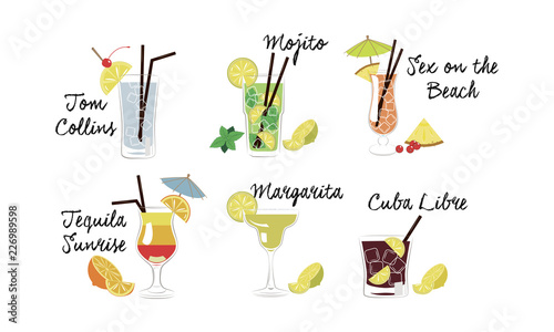 Alcoholic cocktails set, Tom Collins, Mojito, Sex on the beach, Tequila sunrise, Margarita, Cuba libre vector Illustration on a white background