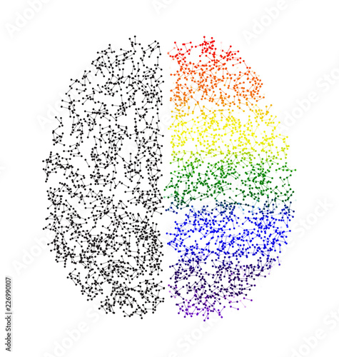 Creative concept of the human brain - left and right brain functions concept - analytical vs creativity - molecule based brain illustration