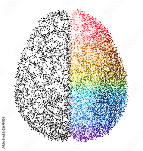 Creative concept of the human brain - left and right brain functions concept - analytical vs creativity - molecule based brain illustration