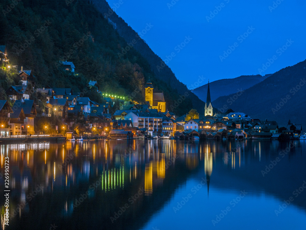 Village of Hallstatt at Night, Lake Hallstatt, Austria, Europe Village of Hallstatt at Night, Lake Hallstatt, Austria, Europe