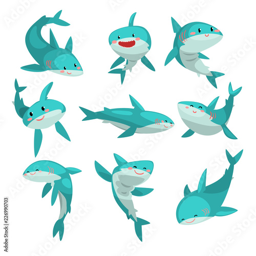 Cute friendly sharks set  cute funny sea animal cartoon character vector Illustration on a white background