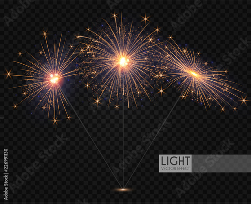 Sparcler and Firework. Christmas Decoration Lights. Transparent Light Effect.