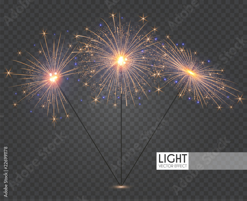 Sparcler and Firework. Christmas Decoration Lights. Transparent Light Effect.