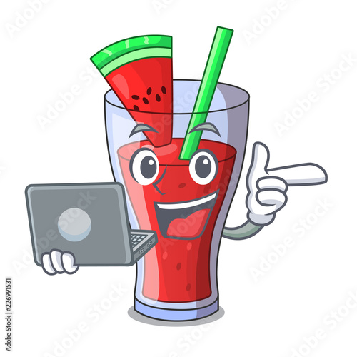 With laptop character tasty beverage fruit watermelon juice
