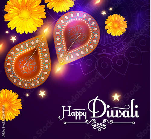 Happy Diwali. Traditional Indian Festival Background with Burning Diya Lamp. Hindu Holiday.