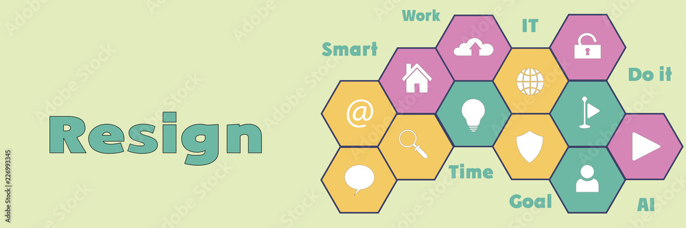 Resign Panoramic Hi tech banner with hexagons icons and tags