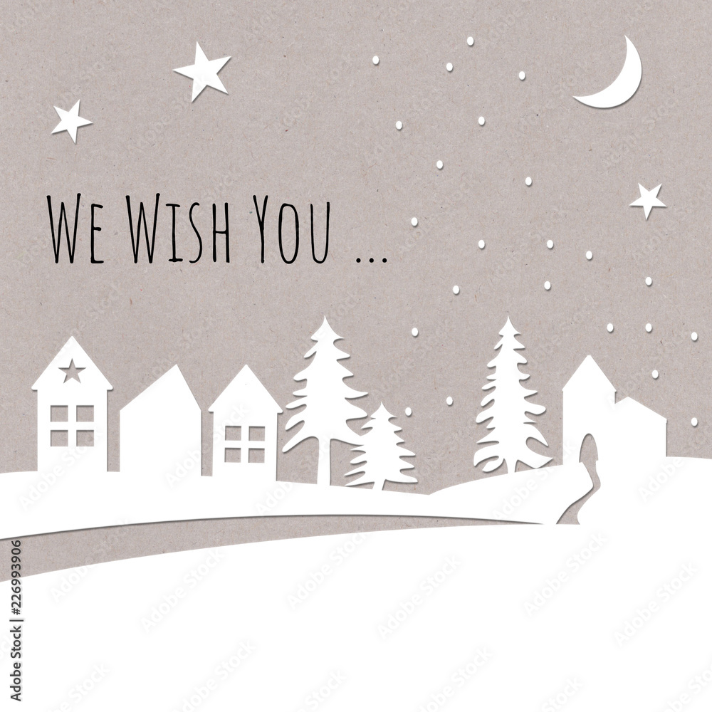 Snowy Christmas village card design at night