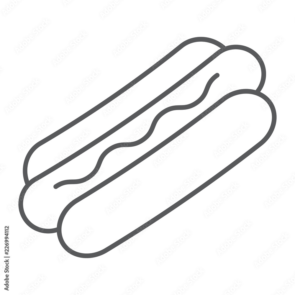 Hot dog thin line icon, food and meat, fast food sign, vector graphics, a linear pattern on a white background. Hot dog thin line icon, food and meat, fast food sign, vector graphics, a linear pattern on a white background.