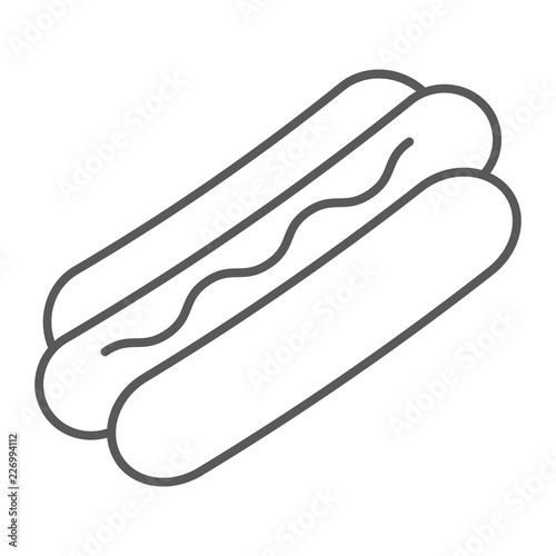 Hot dog thin line icon, food and meat, fast food sign, vector graphics, a linear pattern on a white background.