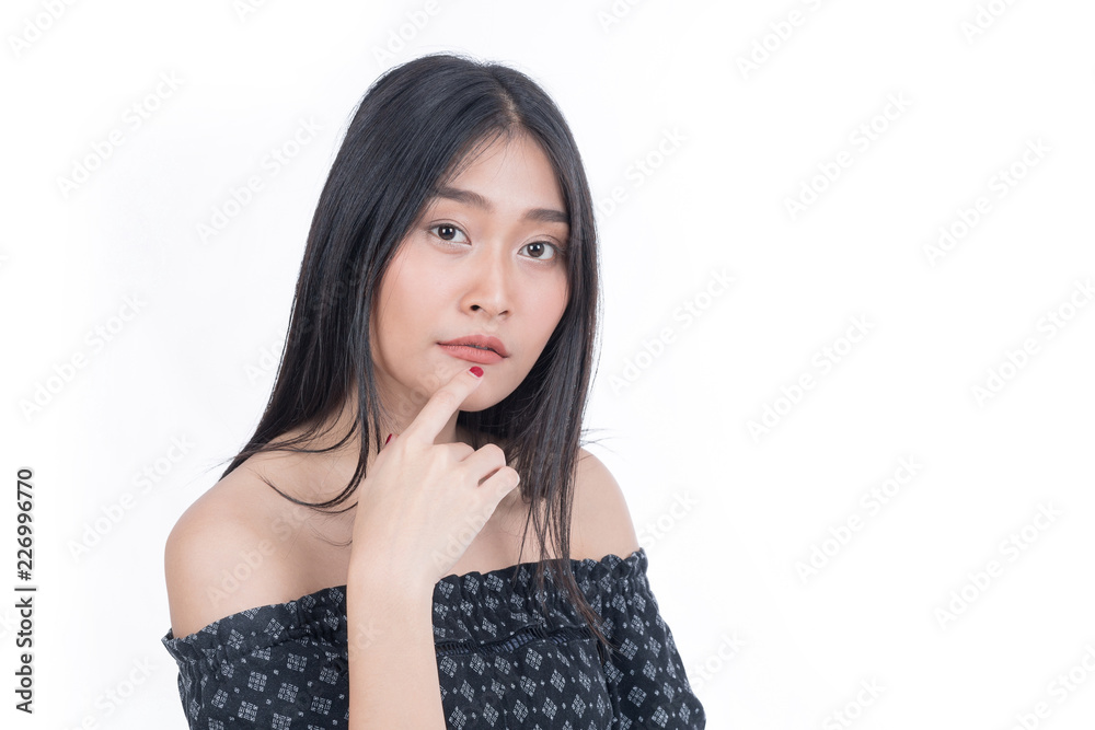 Portrait of Young woman hand pose for facial skin product isolated on white background. Portrait of Young woman hand pose for facial skin product isolated on white background.