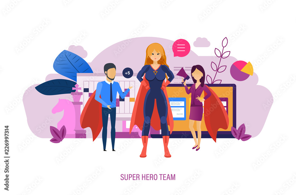 Super hero team. Collaboration leadership, expansion business, team business leaders.