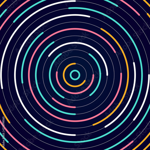 Abstract colorful lines bright circles pattern on dark background.