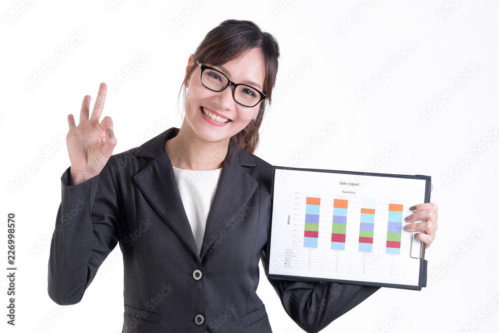 Smiling Business woman happy to present graph data notepad .Business plan,strategy and analysis concepts.Isolated On White Background with clipping path. Smiling Business woman happy to present graph data notepad .Business plan,strategy and analysis concepts.Isolated On White Background with clipping path.