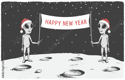 aliens congratulate us happy new year with a banner on Moon. Space characters.holiday vector illustration