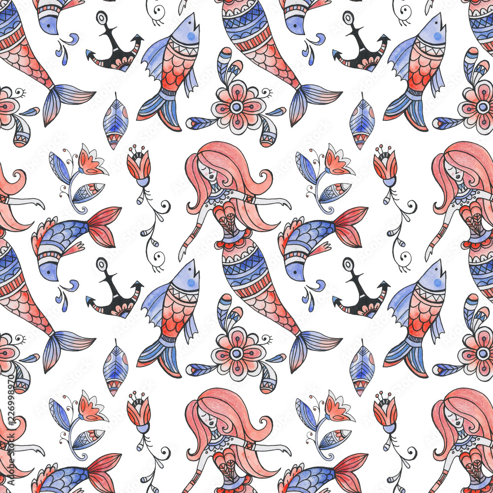 Obraz premium pattern with mermaids and fish. Watercolor painting of mermaid, fish and flowers