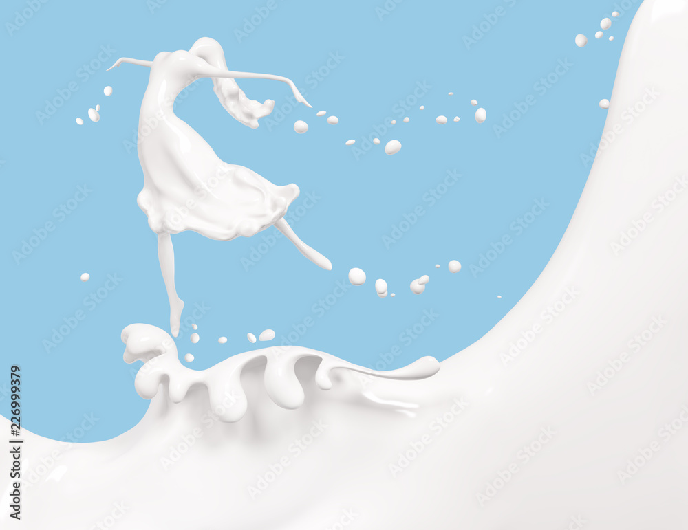 Splash milk and girl isolated on blue background 3d rendering Splash milk and girl isolated on blue background 3d rendering