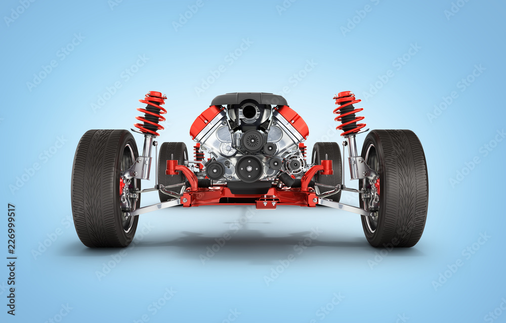 Fototapeta Undercarriage in detail Suspension of the car with wheel and engine isolated on blue gradient background 3d