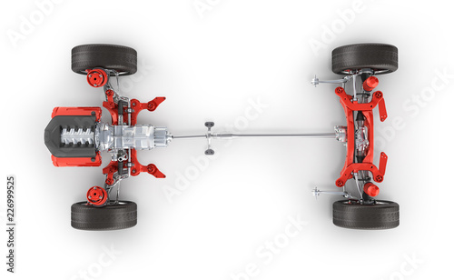 Suspension of the car with wheel and engine Undercarriage in detail top view isolated on white background 3d