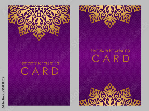 Greeting card golden ethnic patterns on violet background.