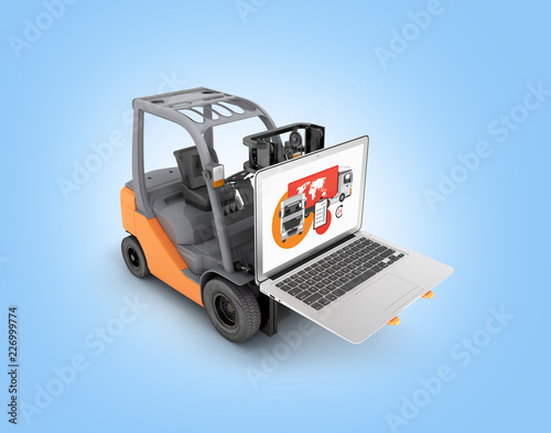 Concept logistics of loading and delivery The forklift lifts the laptop isolated on blue background 3d