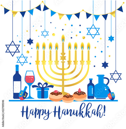 Jewish holiday Hanukkah greeting card traditional Chanukah symbols - wooden dreidels spinning top , Hebrew letters, donuts, menorah candles, oil jar, star David glowing lights illustration.