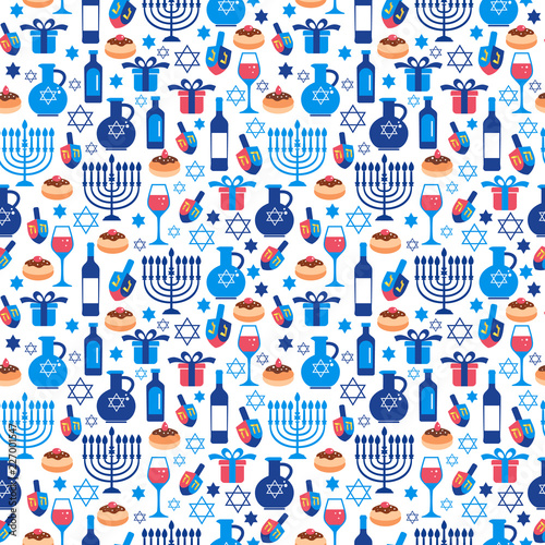 Jewish holiday Hanukkah greeting card traditional Chanukah symbols. Seamless pattern.
