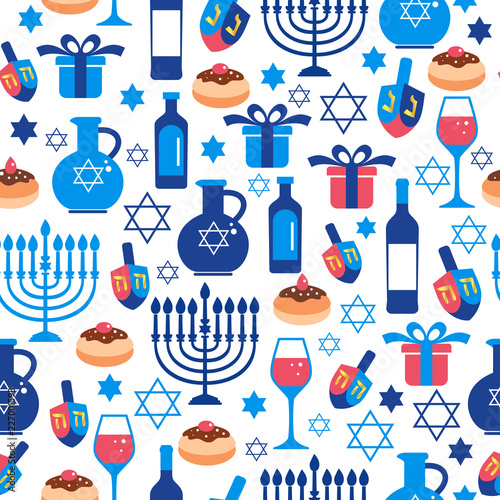Jewish holiday Hanukkah greeting card traditional Chanukah symbols. Seamless pattern.