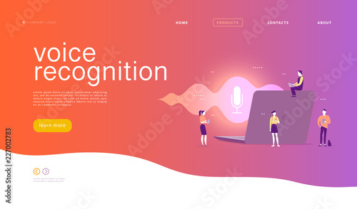 Vector flat voice recognition illustration. Landing page design. People, laptop with sound waves & microphone dynamic icon. UI, UX, mobile app, web site concept template for personal online assistant.