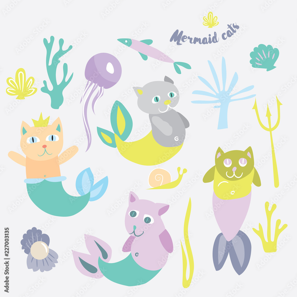 Little mermaid kitten collection. Kitty cat with sirenes fish tale. Flat sea set with mermaids fish jellyfish shell coral on white background Little mermaid kitten collection. Kitty cat with sirenes fish tale. Flat sea set with mermaids fish jellyfish shell coral on white background