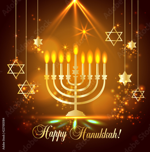 Happy Hanukkah Shining Background with Menorah, David Star and Bokeh Effect. illustration on blue.