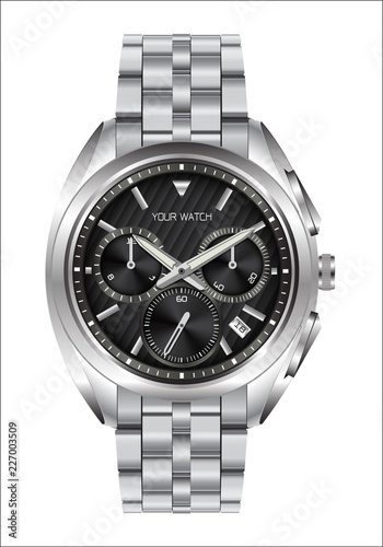 Realistic clock watch stainless steel black face luxury for men on white background vector illustration.