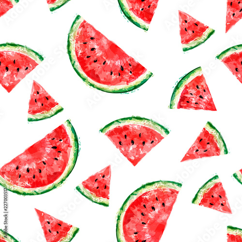 Fototapeta Naklejka Na Ścianę i Meble -  Seamless pattern with slices of watermelon on white background. Summer concept. Vector watercolor