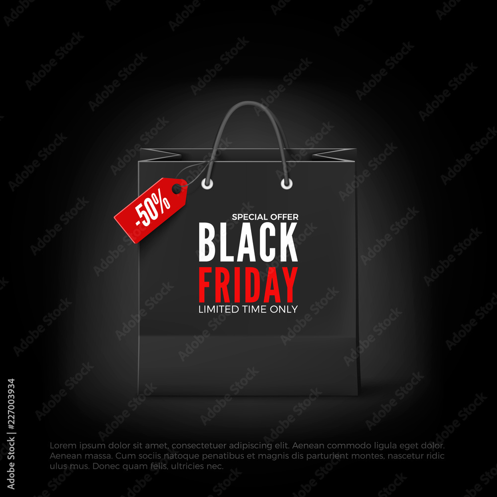 Naklejka premium Black Friday concept. Black paper bag with tag Sale and text. Black friday banner template. Vector illustration isolated on black background