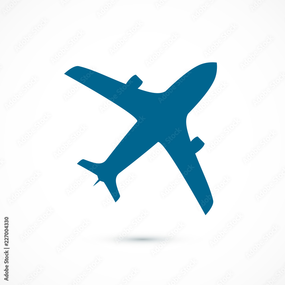 Blue flying airplane icon. Vector illustration isolated on white background