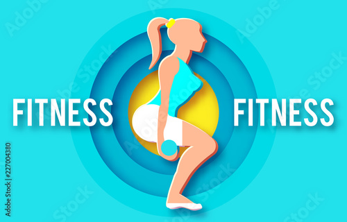 Woman Fitness Poster Template. Sport Motivation. Paper 3D Art. Workout girl. Sports and Health Care Flyer. Gym Design.