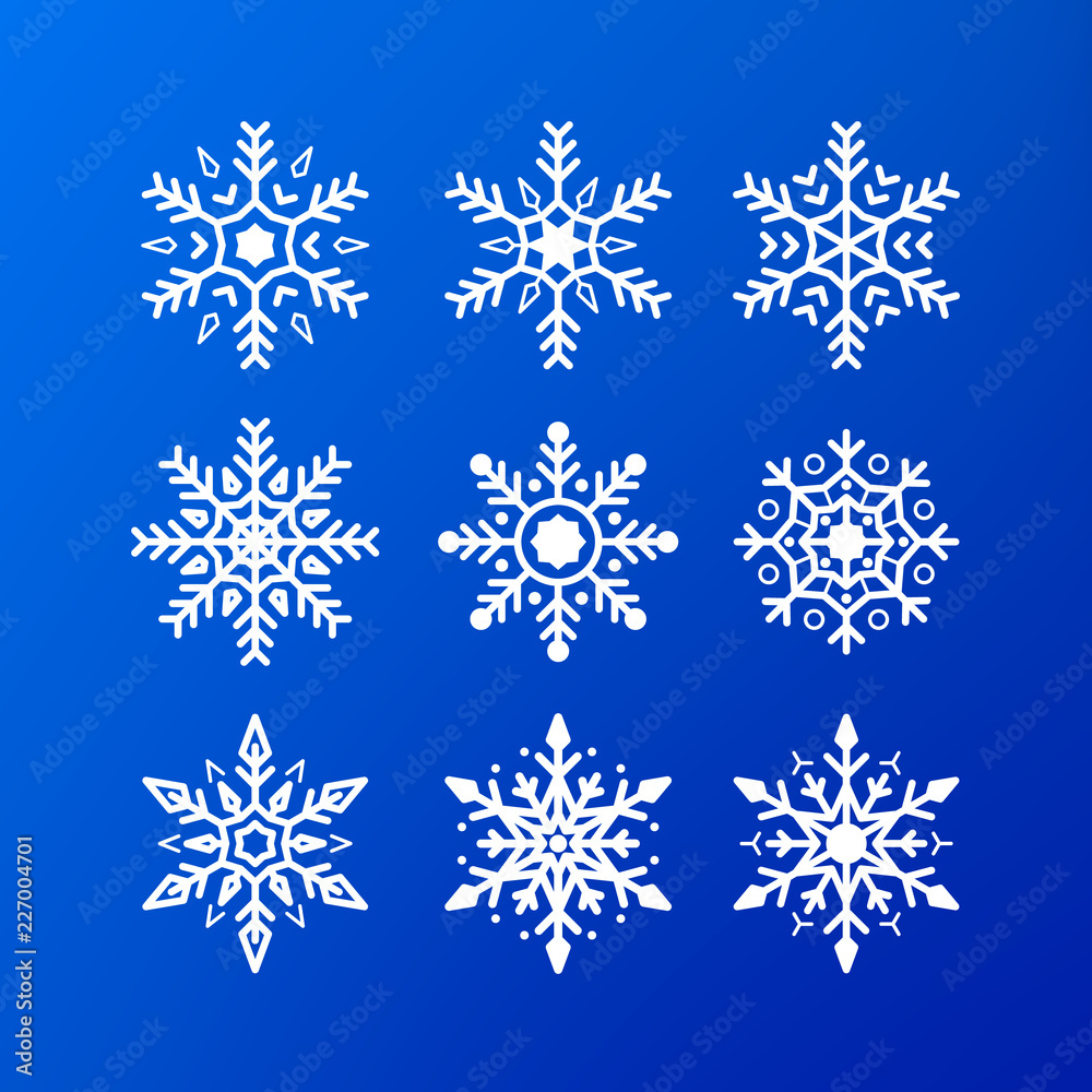 Snowflake icon set. white color snowflakes isolated on blue background. Winter christmas snowflake crystal decoration element. Xmas frost flat isolated silhouette symbol. Vector illustration Snowflake icon set. white color snowflakes isolated on blue background. Winter christmas snowflake crystal decoration element. Xmas frost flat isolated silhouette symbol. Vector illustration