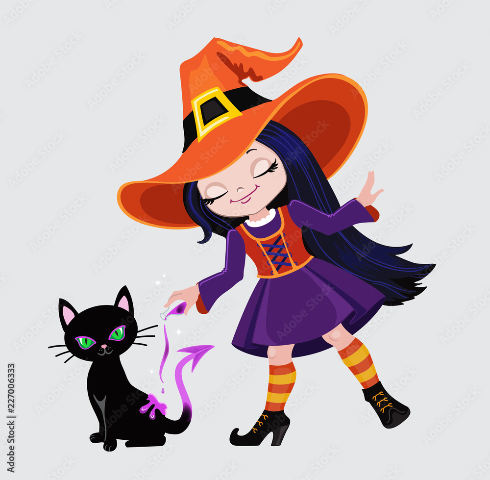 Cute witch conjures by pouring out a magic potion on a black cat. Cute witch conjures by pouring out a magic potion on a black cat.