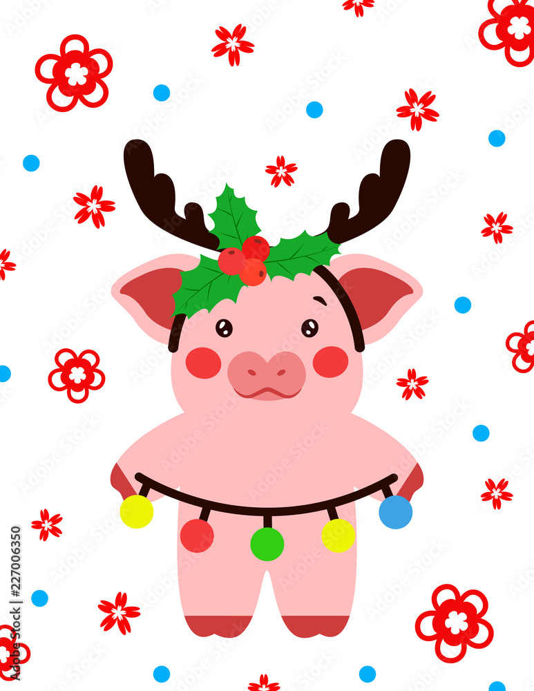 Happy new year cute pig with Christmas decorations postcard chinese. Symbol of the year 2019 vector illustrtion Happy new year cute pig with Christmas decorations postcard chinese. Symbol of the year 2019 vector illustrtion