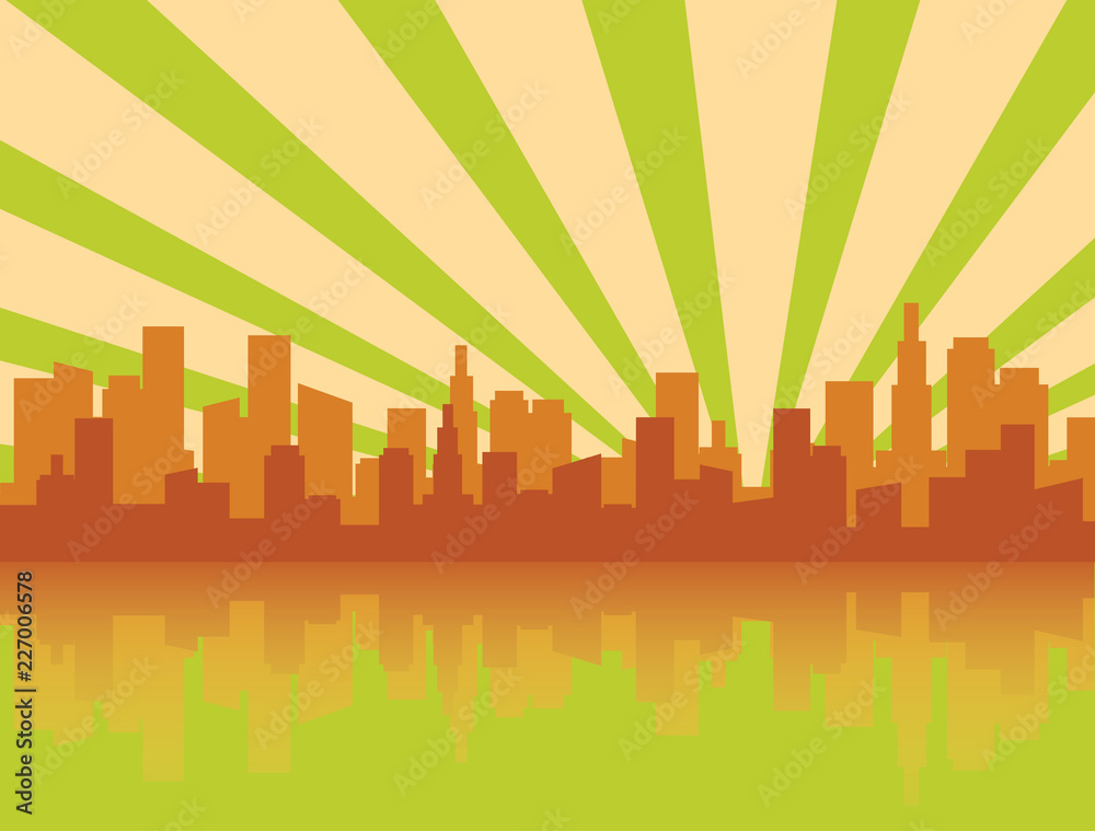 Green and Yellow city skyline silhouette