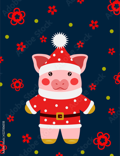 Happy new year cute pig Santa Claus postcard chinese. Symbol of the year 2019 vector illustrtion