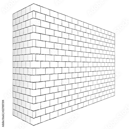 Diagonal white brick wall texture with a perspective is isolated on white background.