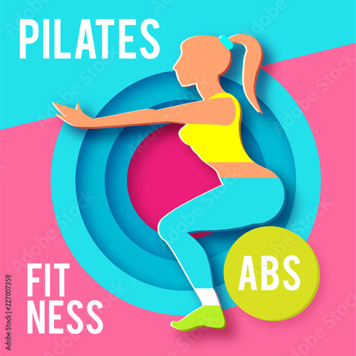 Woman Fitness Poster Template. Sport Motivation. Paper 3D Art. Workout girl. Sports and Health Care Flyer. Gym Design.