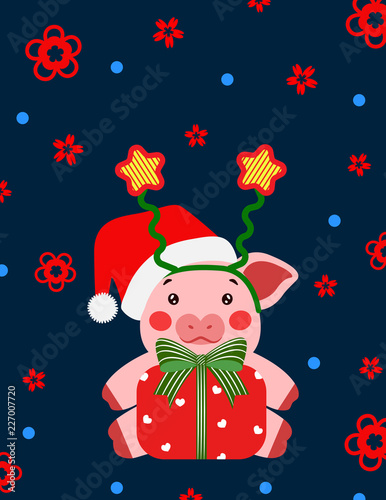 Happy new year cute pig with star and gift box postcard chinese. Symbol of the year 2019 vector illustrtion