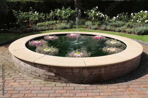 A Beautiful Ornamental Fountain with Floating Flowers.