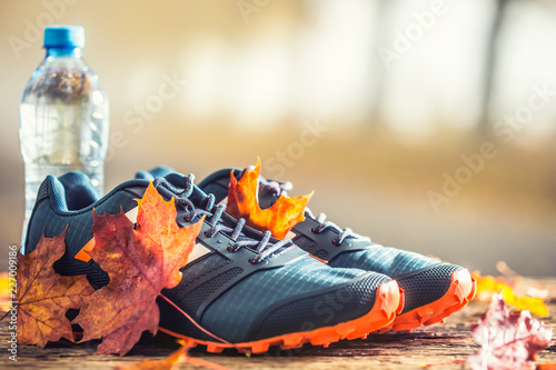 Fototapeta Naklejka Na Ścianę i Meble -  Blue sport shoes and water laid on a wooden board.